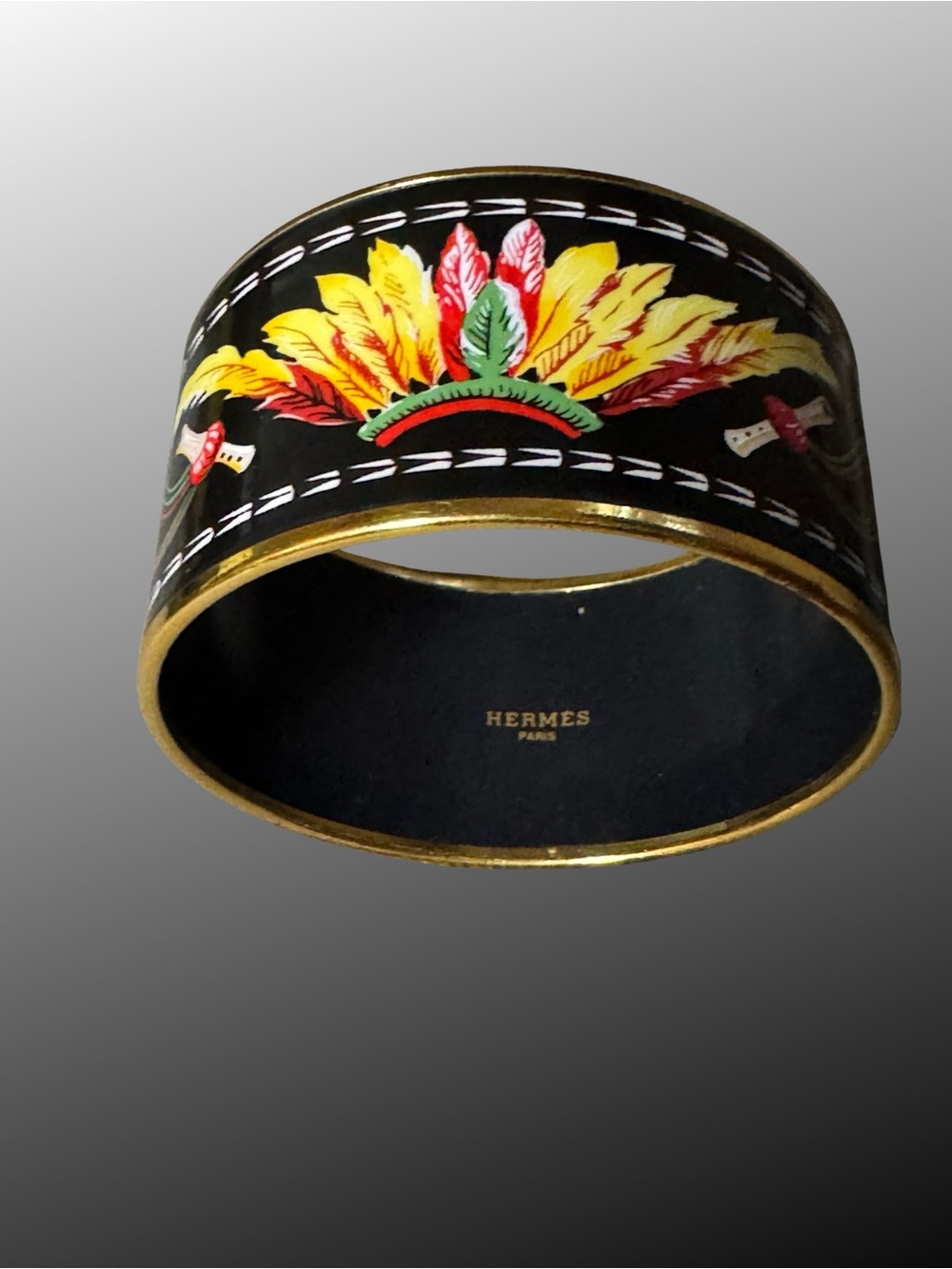 Hermes Black Enamel Cuff Bracelet with Yellow, Red and Green Feather Motif